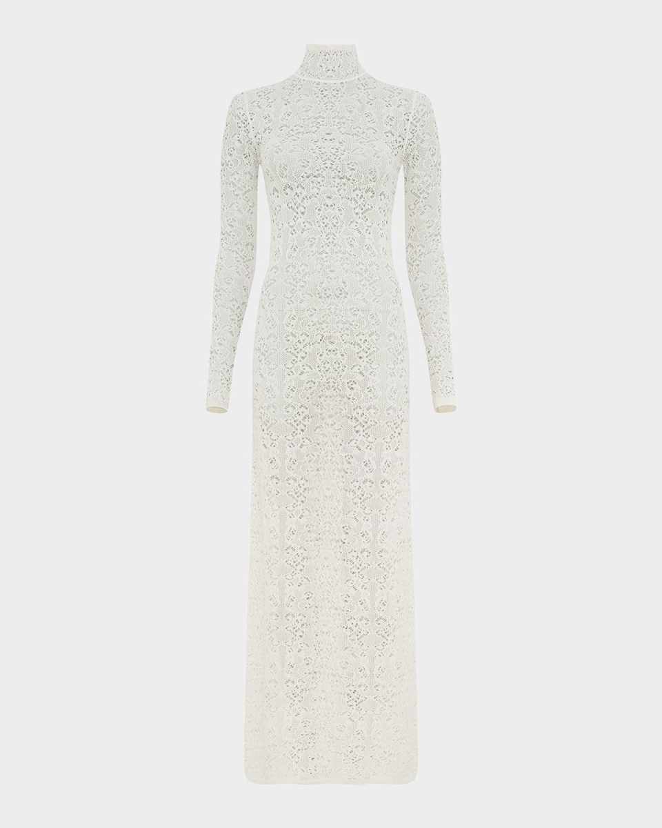 Lethe Mock-Neck Lace Knit Maxi Dress